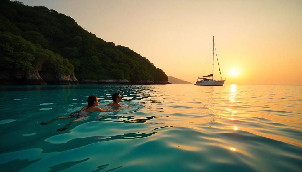 Couple snorkeling during an adventure yacht charters in the Andaman and Nicobar Islands.